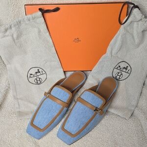 Hermes Denim Calfskin Mules. Brand New